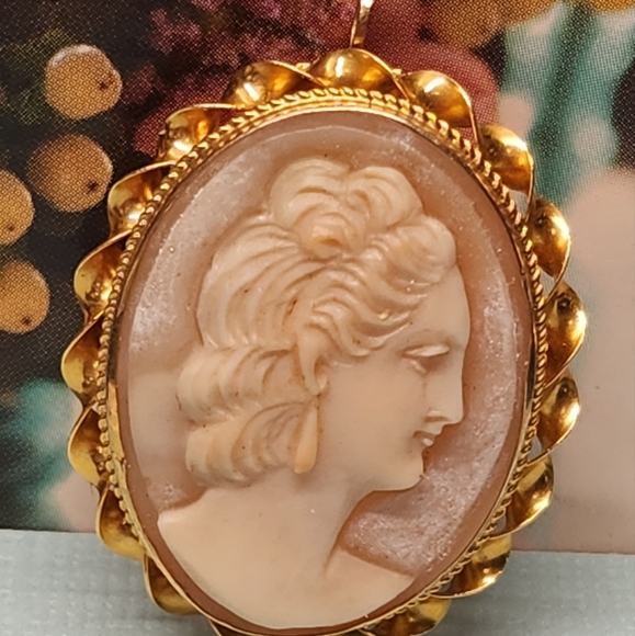 #2046 10K YELLOWGOLD VTG SHELL CAMEO BROOCH & PENDANT2.89 Grams